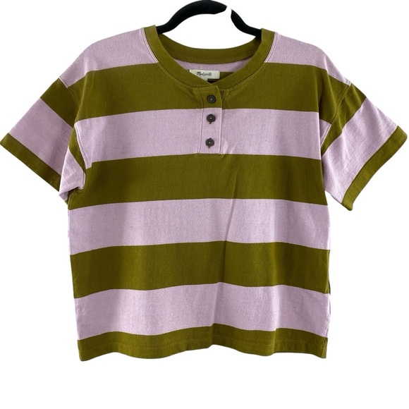 MADEWELL Olive Green Pink Parkview Henley Tee Rugby Stripe Boxy Shirt Size Small - Picture 1 of 12
